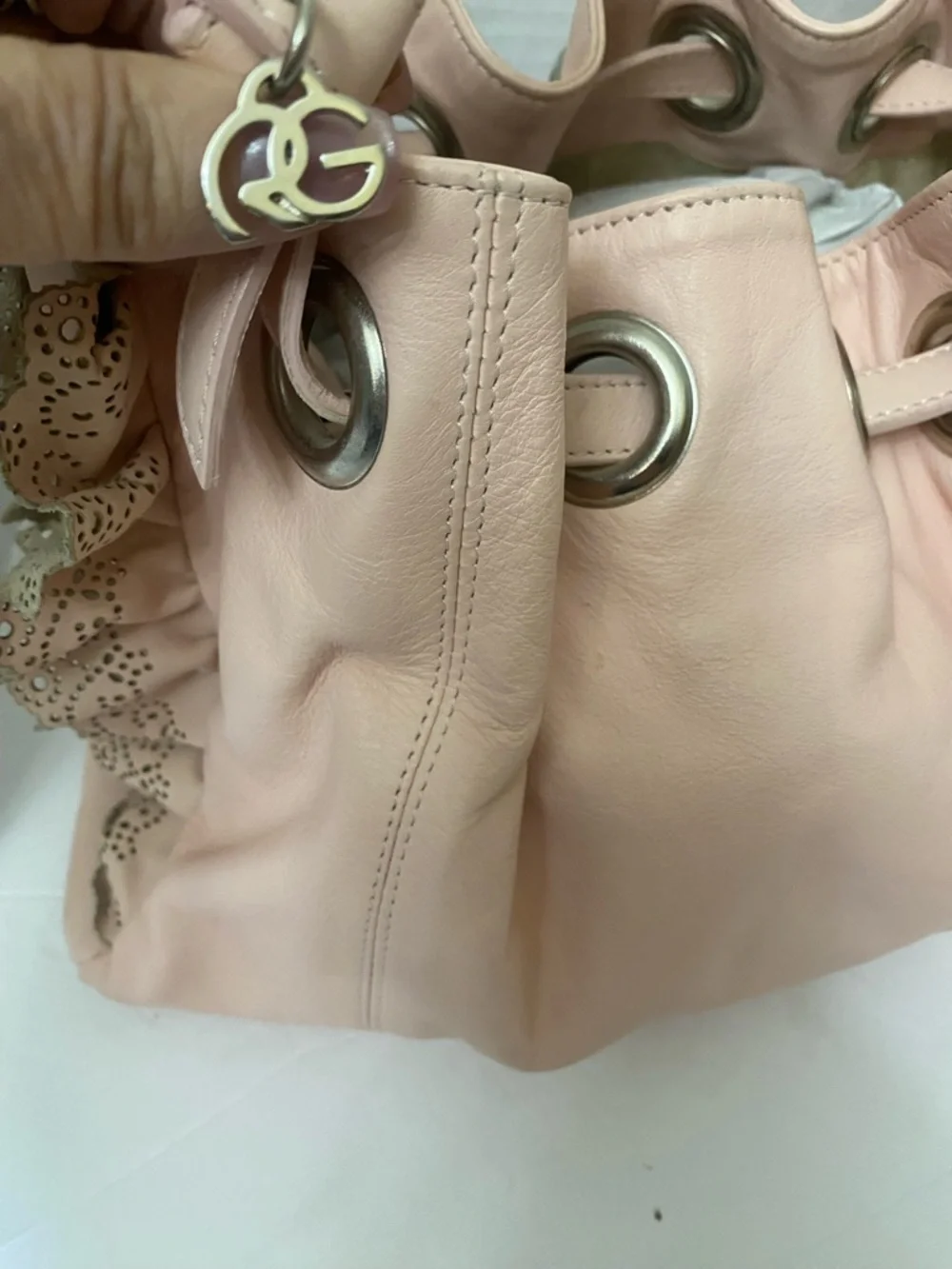 Roberta Gandolfi Pink Drawstring Shoulder Bag Side Ruffles Silver Hardware